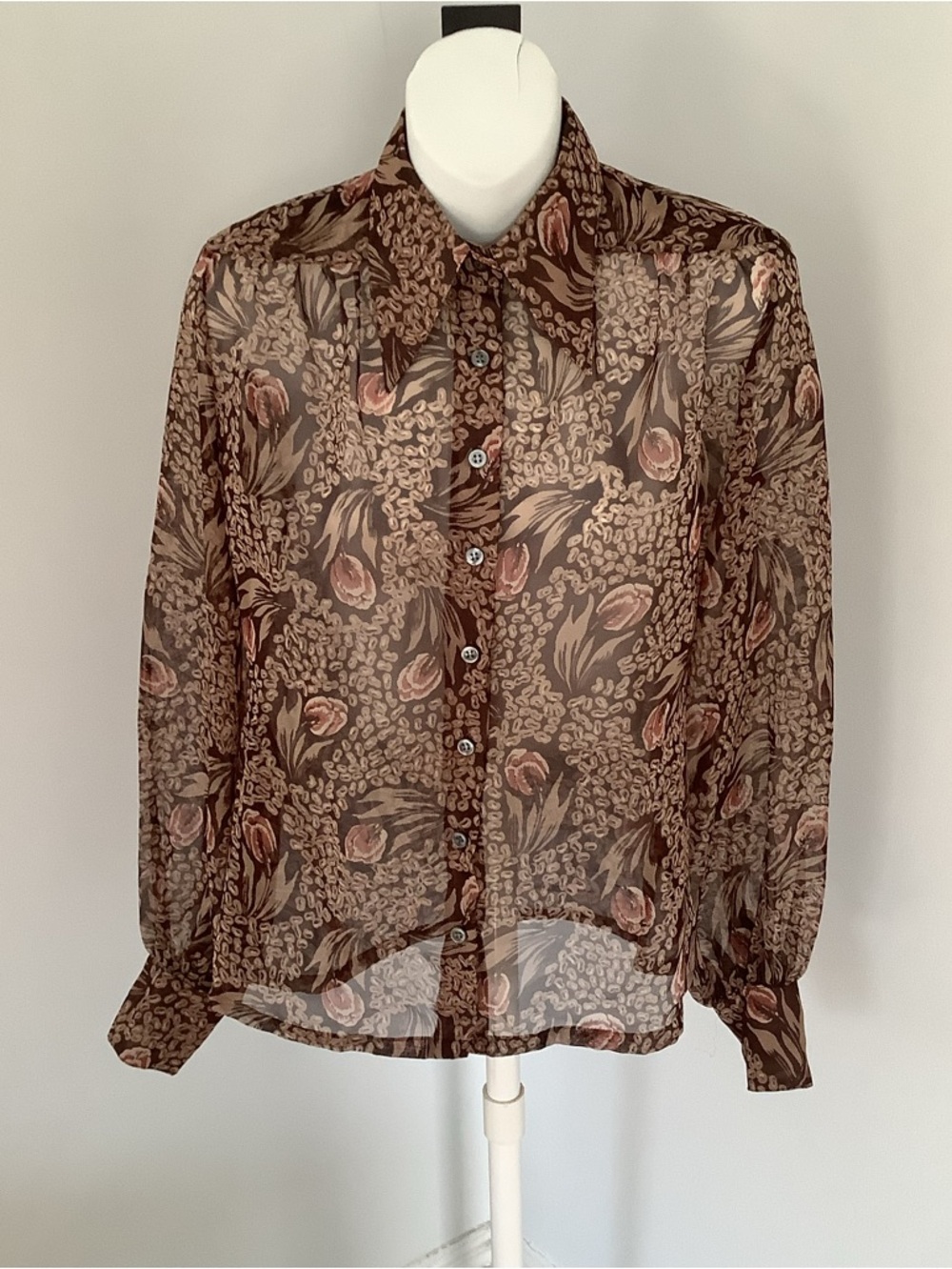 Vintage 70’s GIRAFFE Sheer Floral Button-Down Blouse with Dagger Collar  Sz. 6